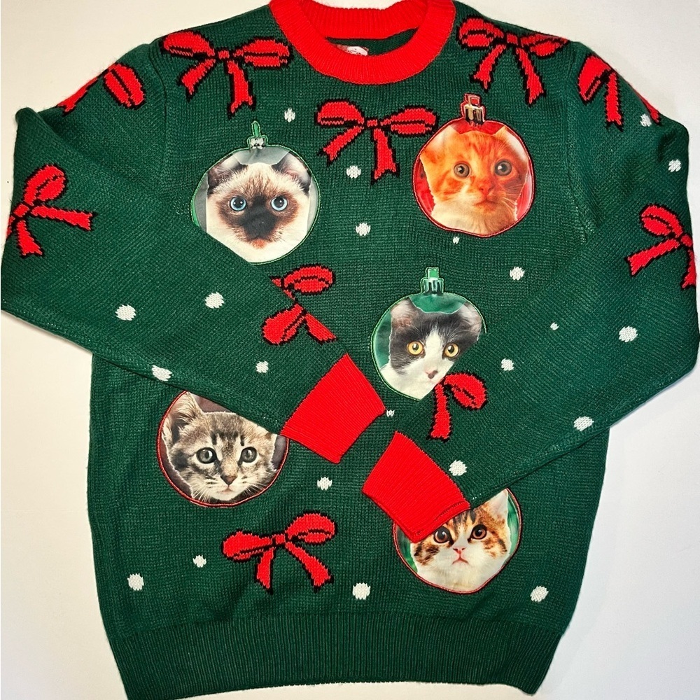 Festive Ugly Christmas Sweater Cat Ornaments Womens‎ sz medium Crazy Cat Lovers